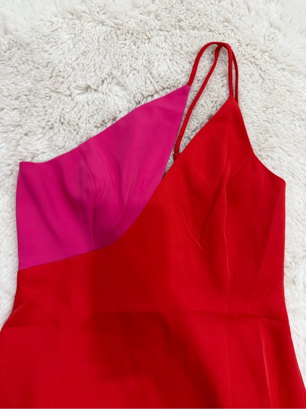 BCBGMaxAzria Red and Pink One-Shoulder Colorblock Mini Dress - Picture 5 of 9